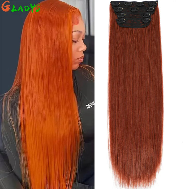 Straight High Temperature Fiber 11 Clips Ins Hair Extensions 24 Inch Orange Brown Synthetic Hair Daily Use Hair Pieces For Women