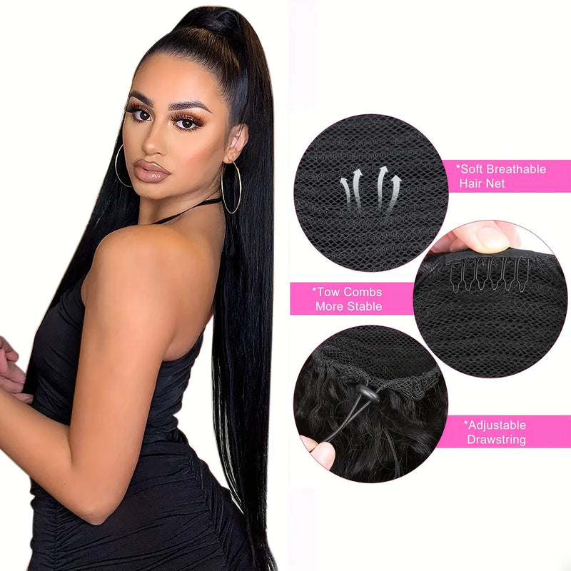 Straight Ponytail 100% Real Human Hair Drawstring Ponytail Clip In Hair Extensions Brazilian Virgin Natural Black Clips Ponytail