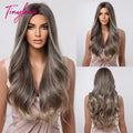 TINY LANA Natural Black Long Wavy Synthetic Wig with Bangs for Women Body Wave Dark Brown Wigs Cosplay Daily Hair Heat Resistant