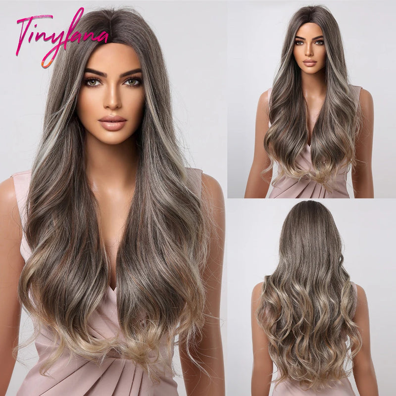 TINY LANA Natural Black Long Wavy Synthetic Wig with Bangs for Women Body Wave Dark Brown Wigs Cosplay Daily Hair Heat Resistant