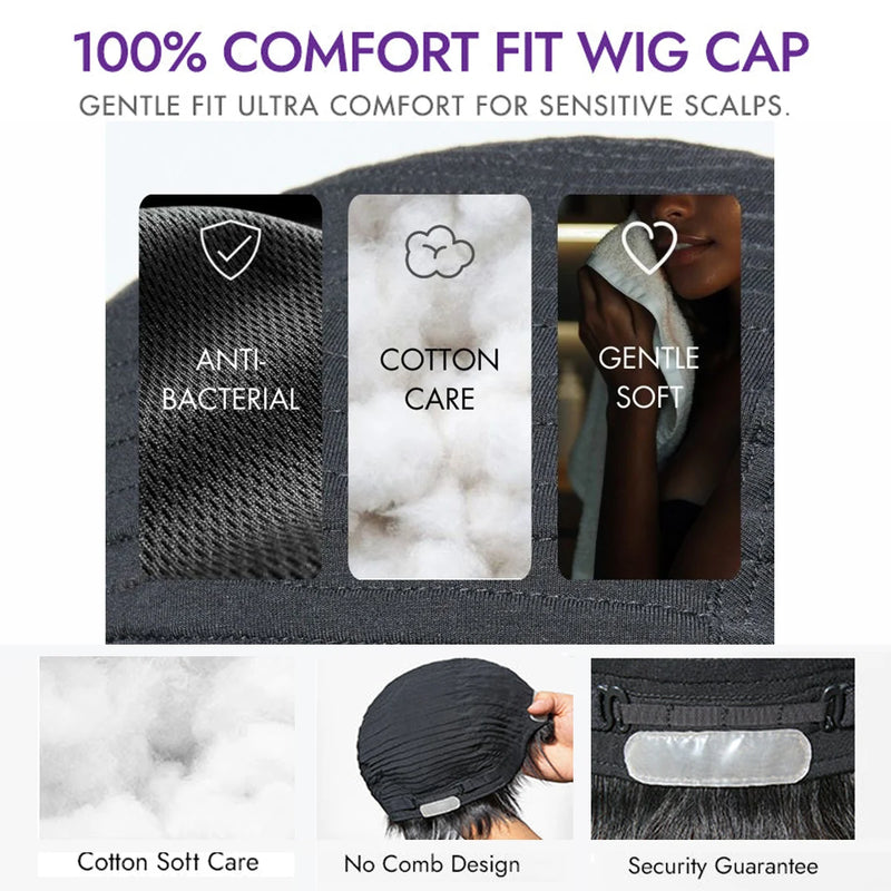 Human Hair Glueless Wigs Pixie Cut Short Wigs with Bangs Ultra Soft&Comfortable Cotton Cap Hair Trouble Friendly Wigs