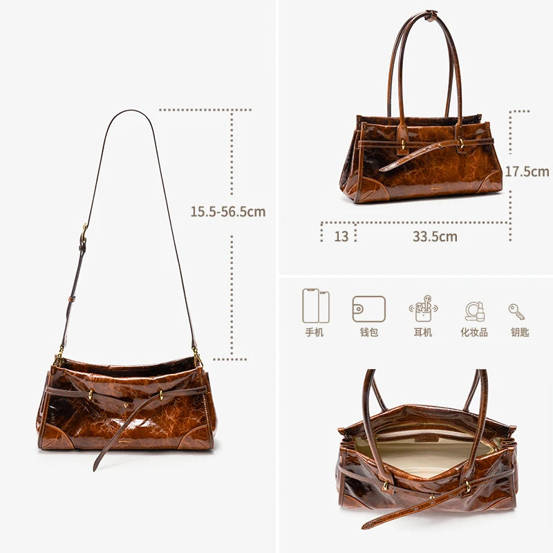 Genuine Leather Boston Handbag Women's 2026 New Oil Wax Leather Bague tte Bag Shoulder Crossbody Vintage Large Capacity