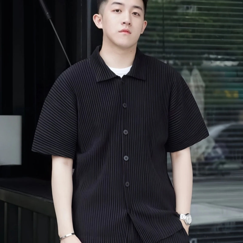 Miyake Pleated Short Sleeve Shirt Casual Solid Color | SAMAG