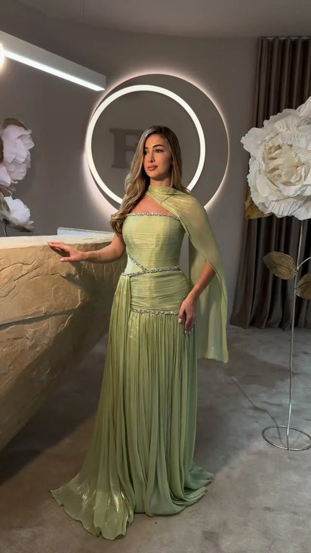 Mila Customized Sage Green A-Line Shawl Strapless Prom | SAMAG