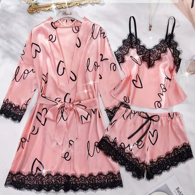 Women'S Letter Print V - Neck Sexy Lace Trim Elegant Satin | SAMAG