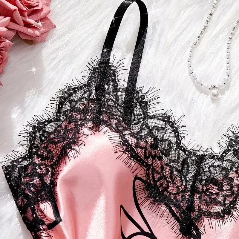 Women'S Letter Print V-Neck Sexy Lace Trim Elegant Satin | SAMAG