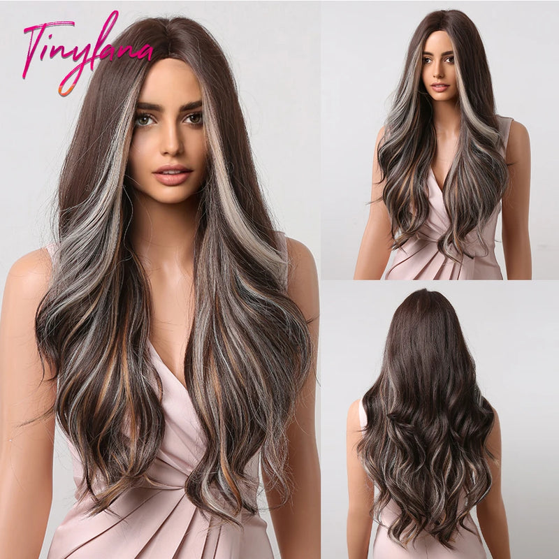 TINY LANA Natural Black Long Wavy Synthetic Wig with Bangs for Women Body Wave Dark Brown Wigs Cosplay Daily Hair Heat Resistant