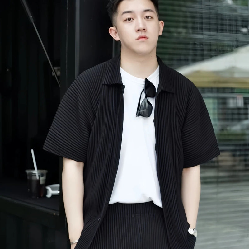 Miyake Pleated Short Sleeve Shirt Casual Solid Color | SAMAG