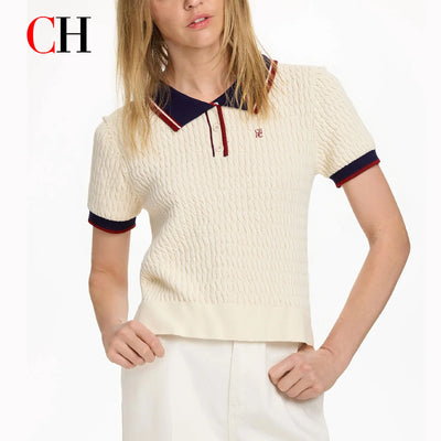 CH Solid Color Embroidered Knit Polo Shirt Women Elegant | SAMAG