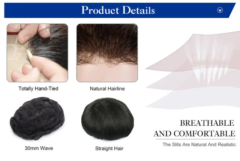 Male Hair Prosthesis Toupee Men Mono& Soft Pu Durable Men Wigs 6" Replacement Exhuast Systemes Unit 100% Human Hair Male Wig