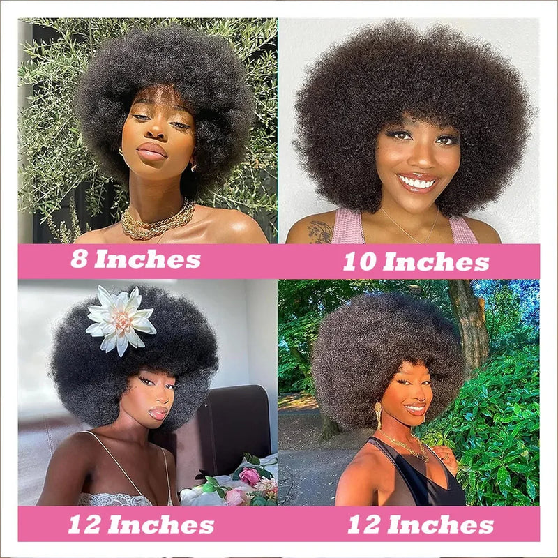 Short Afro Kinky Curly Human Hair Wigs With Bangs Fluffy Natural Bob Wigs Brazilian Full Machine Made Wigs On Sale 180% Density