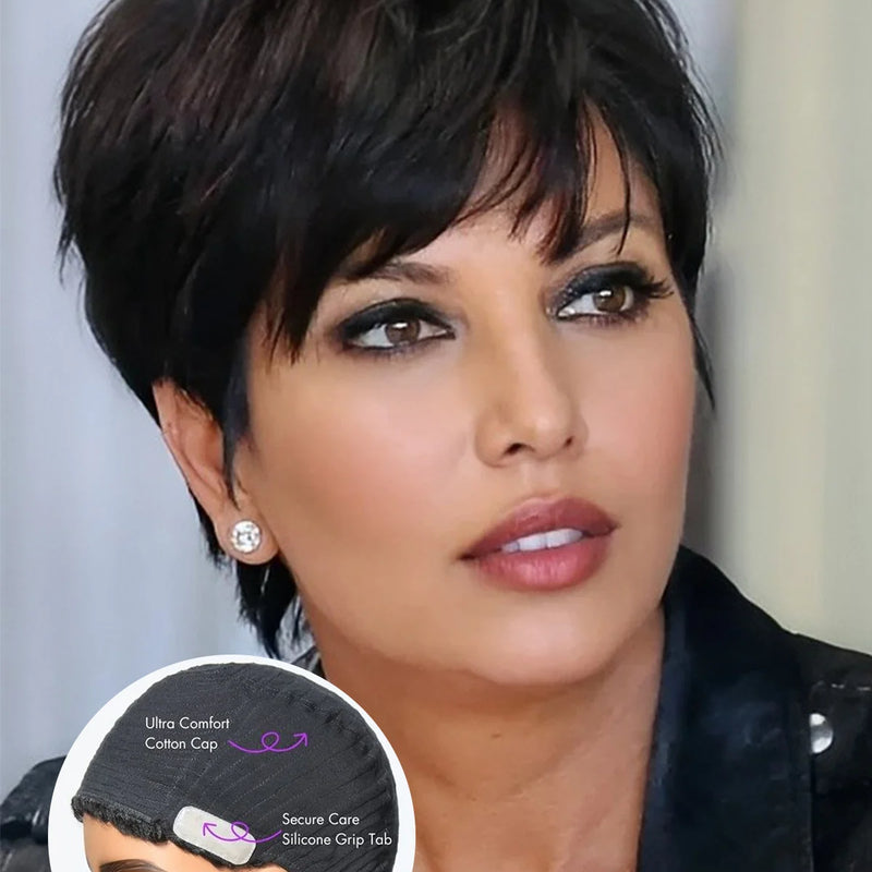 Human Hair Glueless Wigs Pixie Cut Short Wigs with Bangs Ultra Soft&Comfortable Cotton Cap Hair Trouble Friendly Wigs