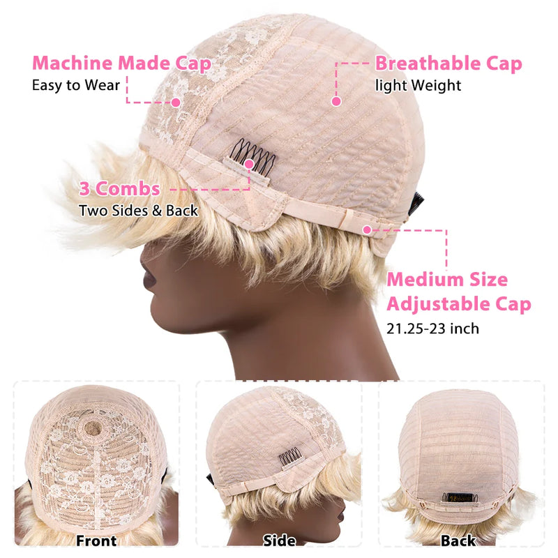 613 Honey Blonde Color Wig Short Bob Pixie Cut Top Lace Transparent Brazilian Human Hair Wig With Bangs For Black Women