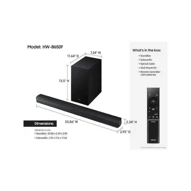 Samsung HW-B650F/ZP B-Series 3.1ch Soundbar, DTS Virtual:X Surround Sound, Deep Bass, Bluetooth Speaker for TV – Black