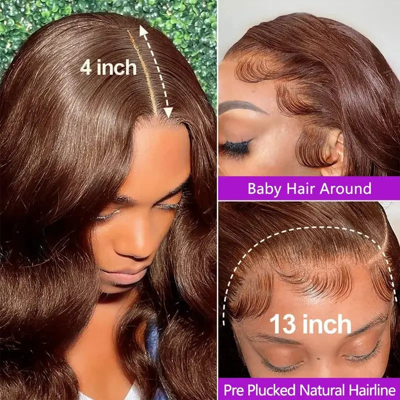 Chocolate Brown Body Wave Lace Front Wig for Women Pre-Plucked Brazilian Human Hair Glueless HD Frontal Virgin Hair Wig