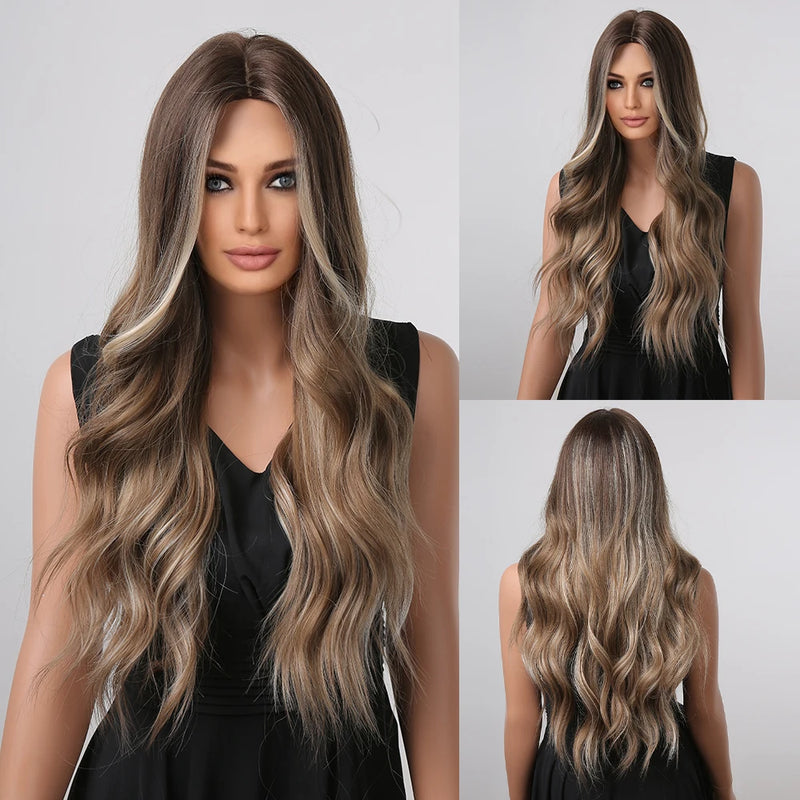 TINY LANA Natural Black Long Wavy Synthetic Wig with Bangs for Women Body Wave Dark Brown Wigs Cosplay Daily Hair Heat Resistant