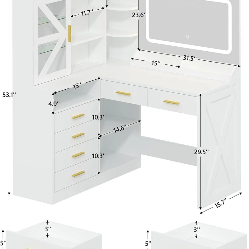 L-Shaped Corner Vanity Desk with LED Lighted Mirror & Charging Station, White Makeup Vanity with 6 Drawers & Sliding RGB Cabinet
