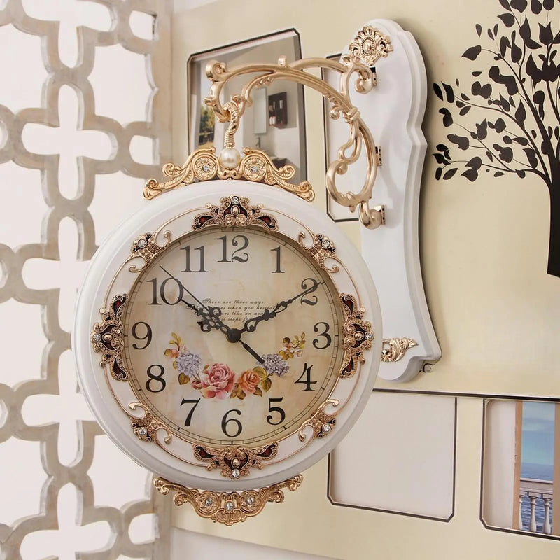 Double Sided Wall Clock Decorative Easy to Read Round Quiet European Style Hanging Clock for Home Office Villa Kitchen Bar Porch