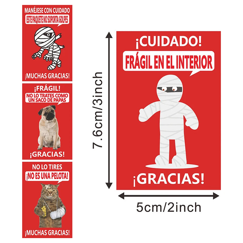 200 PCS Spanish Funny Fragile Stickers - 4 Designs - 3x2 Inch Adhesive Labels for Shipping, Moving, Glass, Boxes
