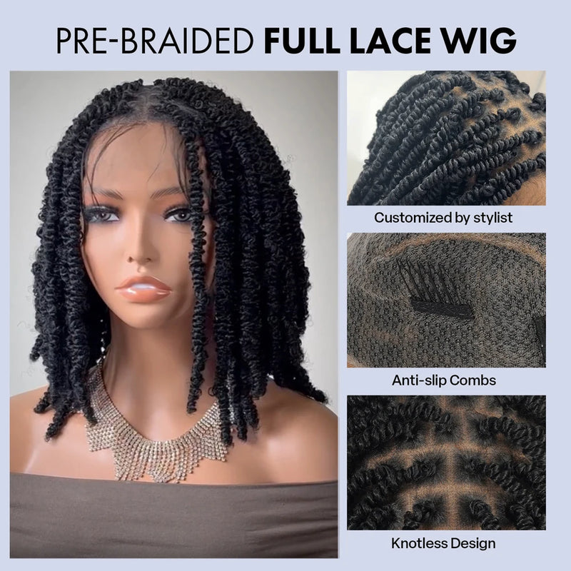 Synthetic Full Lace Braided Wigs Spring Twist Wig for Black Women 14 Inch Short Bob Knotless Box Braids Double Lace Twist Wigs