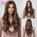TINY LANA Natural Black Long Wavy Synthetic Wig with Bangs for Women Body Wave Dark Brown Wigs Cosplay Daily Hair Heat Resistant