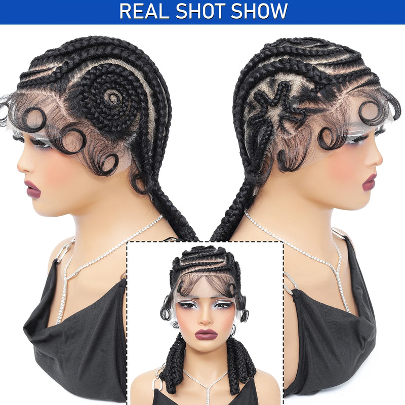 16Inch Synthetic 100% Hand-tied Full Lace Cornrow Braided Wigs Lace Braiding Wigs with Baby Hair for Black Women