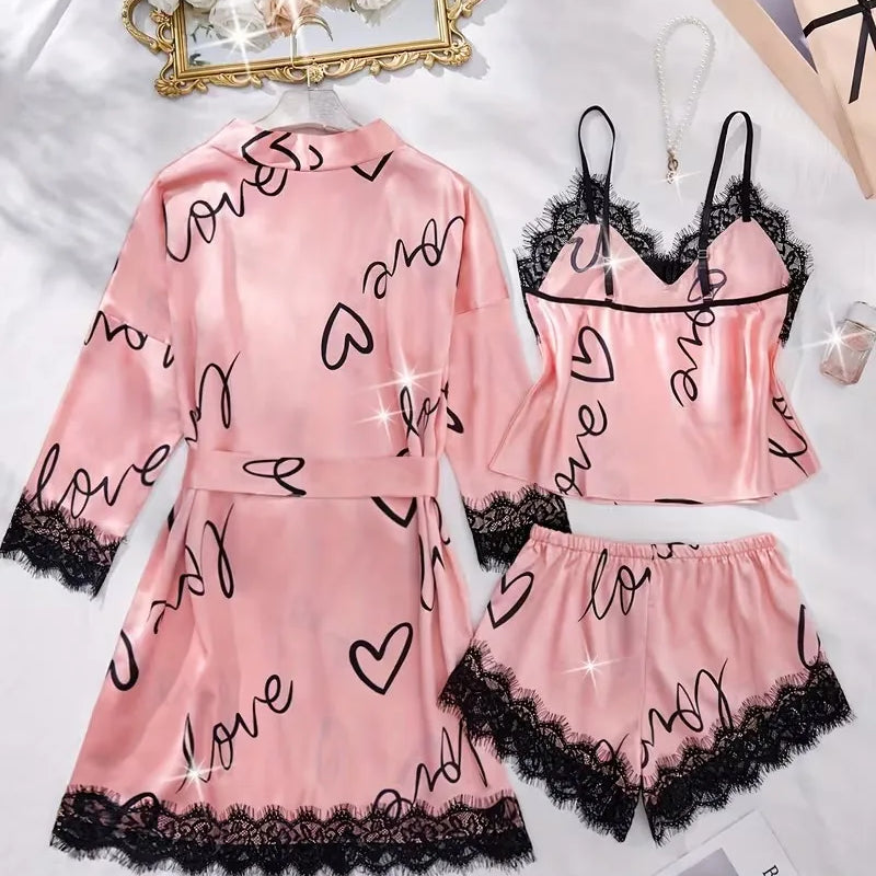 Women'S Letter Print V-Neck Sexy Lace Trim Elegant Satin | SAMAG