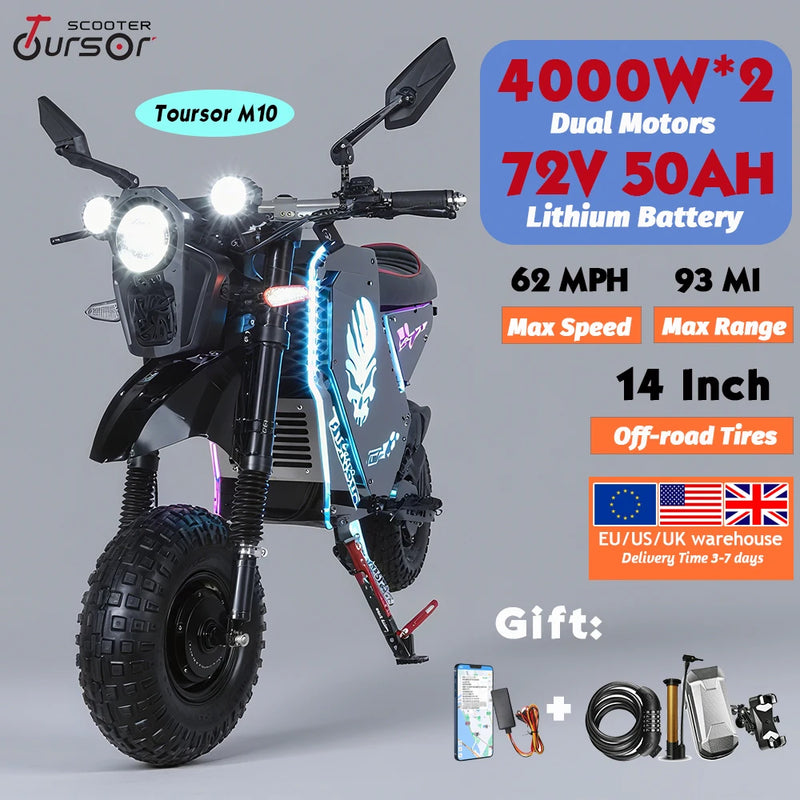 Customize 14inch Off-road Electric Motorcycle 72V 10000W 50Ah Dual Motors Long-Range Lithium Battery Speed 62MPH Range 93Mile