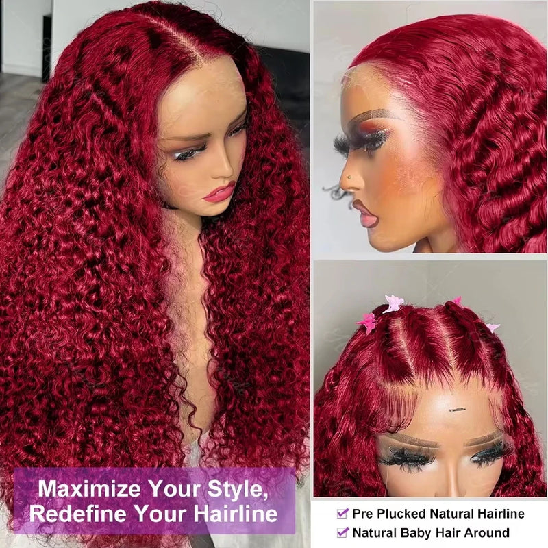 Wholesale Burgundy 30-40 Inch 99J Deep Wave 13x4 Lace Front 13x6 Red Curly Wigs Women High Density Long Length Human Hair Wig