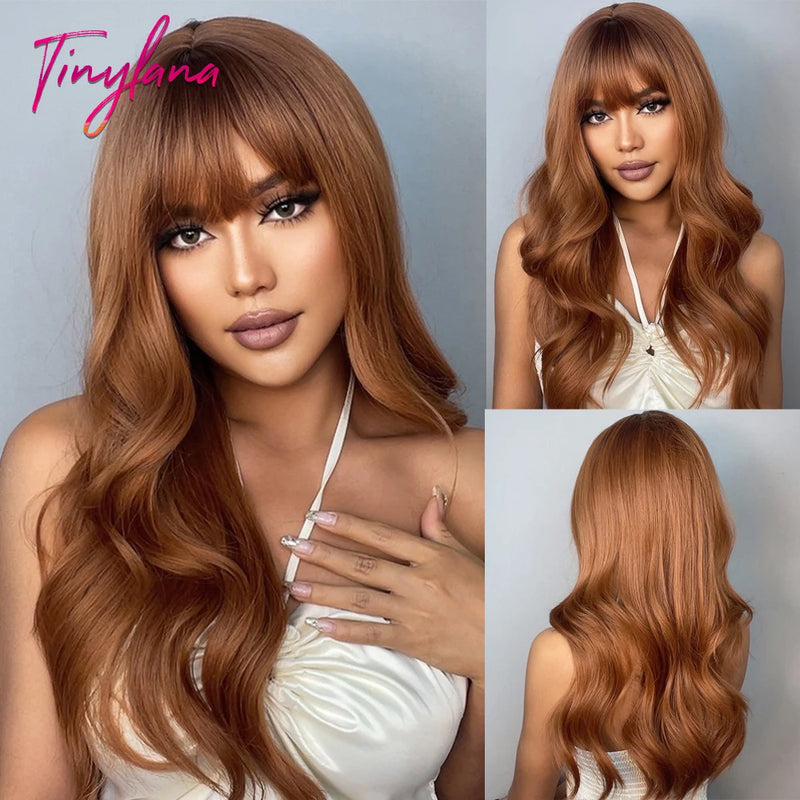 TINY LANA Natural Black Long Wavy Synthetic Wig with Bangs for Women Body Wave Dark Brown Wigs Cosplay Daily Hair Heat Resistant