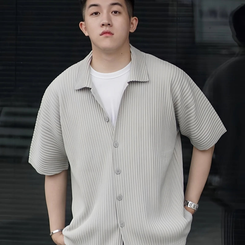 Miyake Pleated Short Sleeve Shirt Casual Solid Color | SAMAG