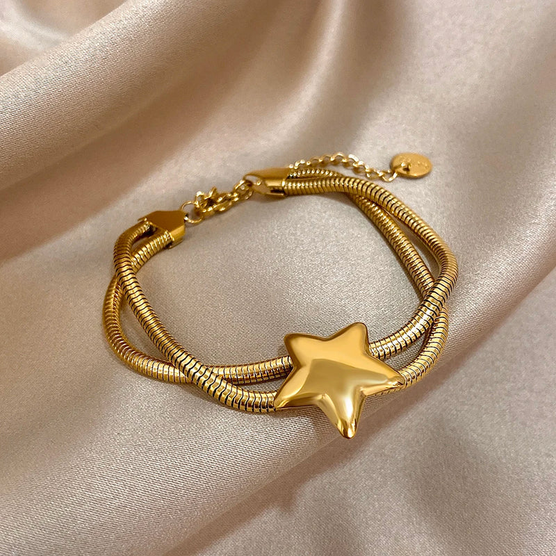 Trendy Multilayer Stainless Steel Snake Bone Chain Bracelet for Women Waterproof Metal Pentagram Star Bracelet 2025 Hand jewelry