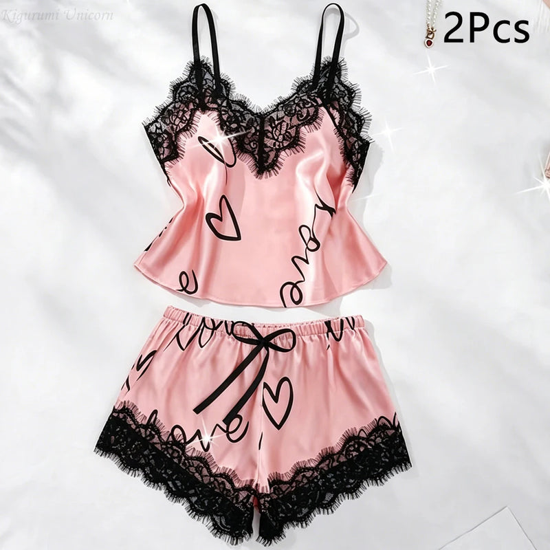 Women'S Letter Print V-Neck Sexy Lace Trim Elegant Satin | SAMAG