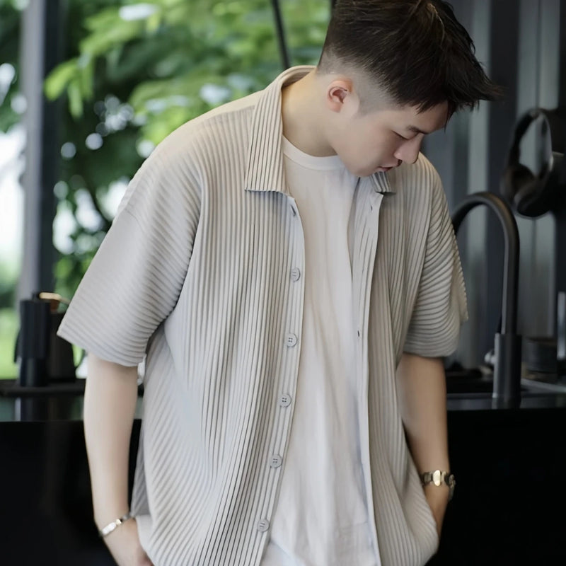 Miyake Pleated Short Sleeve Shirt Casual Solid Color | SAMAG