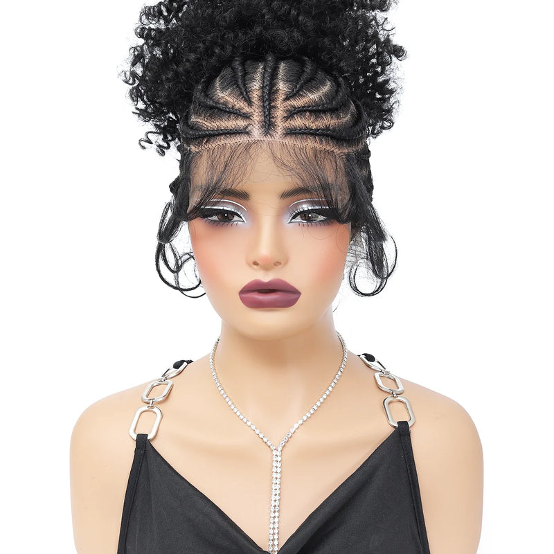 Synthetic Braided Wig with Buns Full Lace Cornrow Braids Wig for Black Women Frontal Braiding Wigs with Ponytail 10 inches