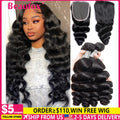 Beaufox Loose Wave Human Hair Bundles With Closure Indian Hair Weave 3/4 Bundles With Lace Closure Wavy Human Hair Extensions