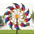 Outdoor double-layer iridescent metal wind spinner with ground stake, for decorating gardens, yards, and lawns, windmill; gift.