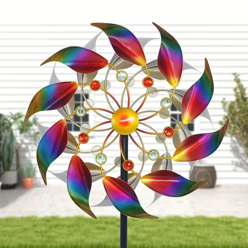 Outdoor double-layer iridescent metal wind spinner with ground stake, for decorating gardens, yards, and lawns, windmill; gift.