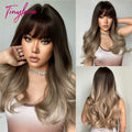 TINY LANA Natural Black Long Wavy Synthetic Wig with Bangs for Women Body Wave Dark Brown Wigs Cosplay Daily Hair Heat Resistant