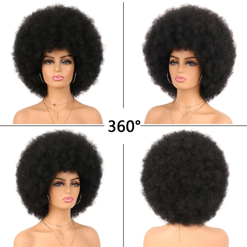 Short Afro Kinky Curly Human Hair Wigs With Bangs Fluffy Natural Bob Wigs Brazilian Full Machine Made Wigs On Sale 180% Density