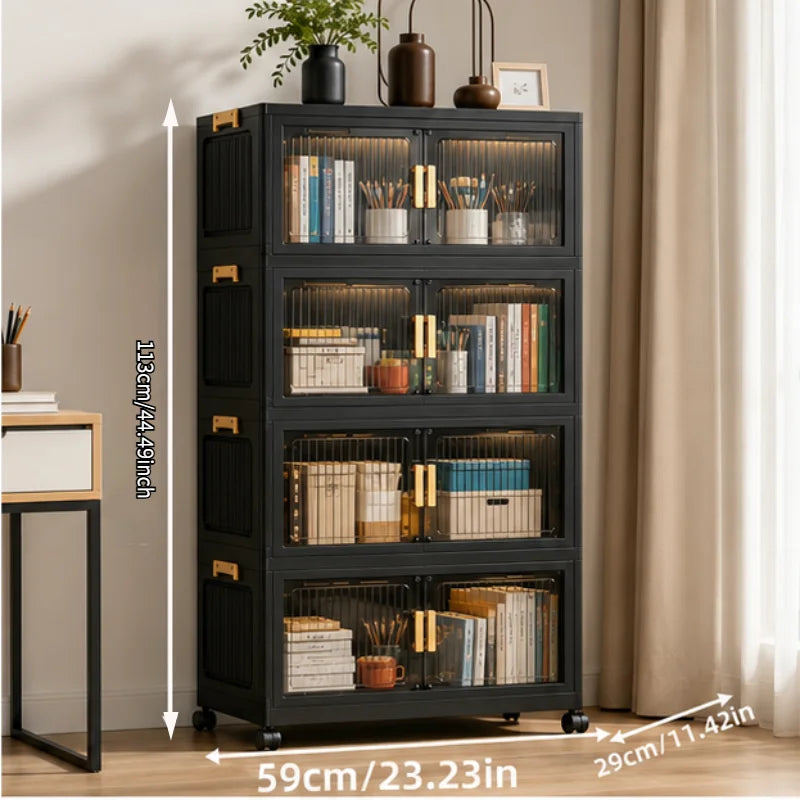 2/3/4/5-tier modular foldable stackable storage cabinets, no-assembly foldable storage boxes with vertical transparent double doors and gold handles, 360° swivel casters, perfect for office, living room, studio, classroom, g