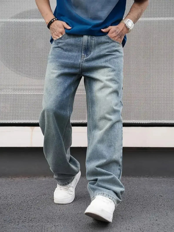 Men'S Casual Straight Wash Jeans - Light Blue, Loose Fit | SAMAG