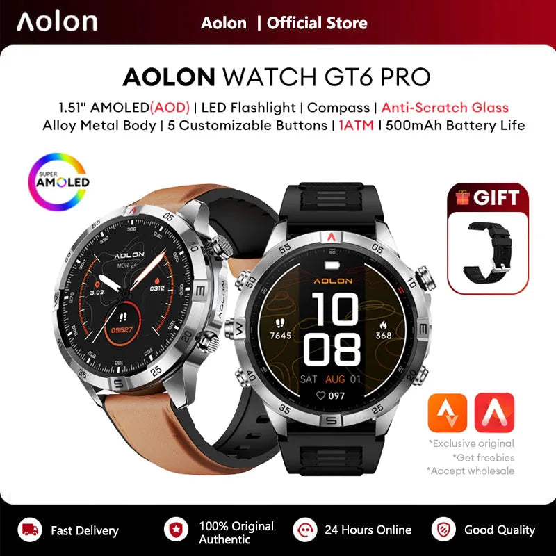 Aolon GT6 PRO Military Smart Watch Compass Flashlight AMOLED Bluetooth Call Smartwatch 1ATM Waterproof For Outdoor Double Strap