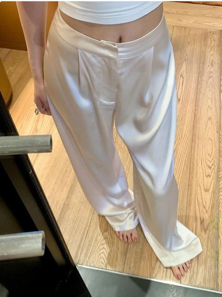 ADAgirl Acetate Satin Baggy Pants Women Y2k White High Waist Wide Leg Trousers Streetwear Fashion Casual Korean Mujer Pantalon - Samag Shop