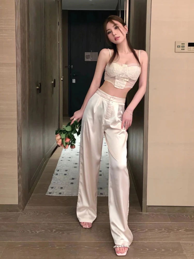ADAgirl Acetate Satin Baggy Pants Women Y2k White High Waist Wide Leg Trousers Streetwear Fashion Casual Korean Mujer Pantalon - Samag Shop