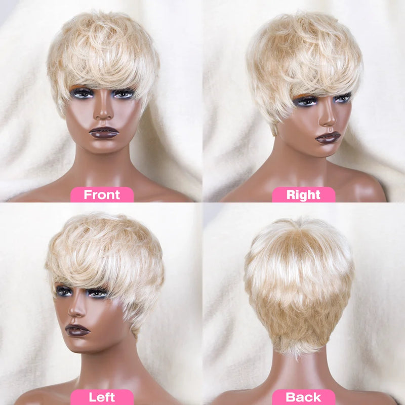 613 Honey Blonde Color Wig Short Bob Pixie Cut Top Lace Transparent Brazilian Human Hair Wig With Bangs For Black Women