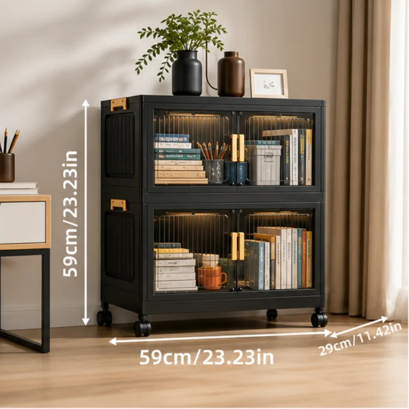 2/3/4/5-tier modular foldable stackable storage cabinets, no-assembly foldable storage boxes with vertical transparent double doors and gold handles, 360° swivel casters, perfect for office, living room, studio, classroom, g