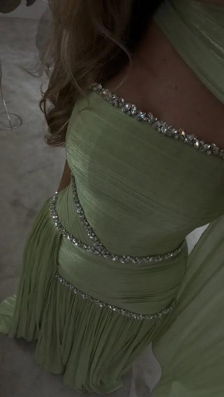 Mila Customized Sage Green A-Line Shawl Strapless Prom | SAMAG