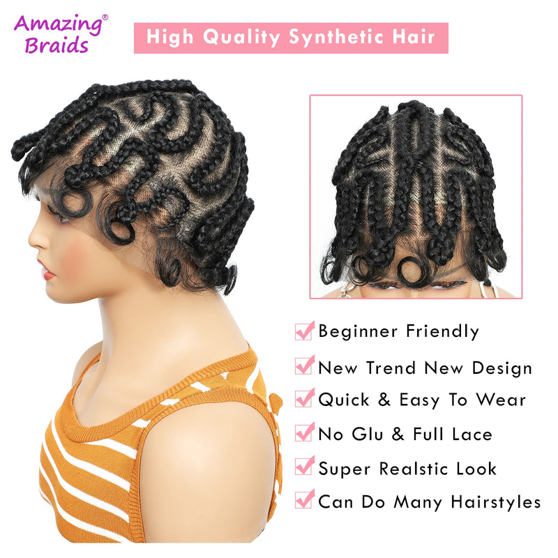 Short Lovely Synthetic Braided Wigs for Black Women Full Lace Hand-tied Twist Knotless Box Braids Wigs with Baby Hair 8 inches