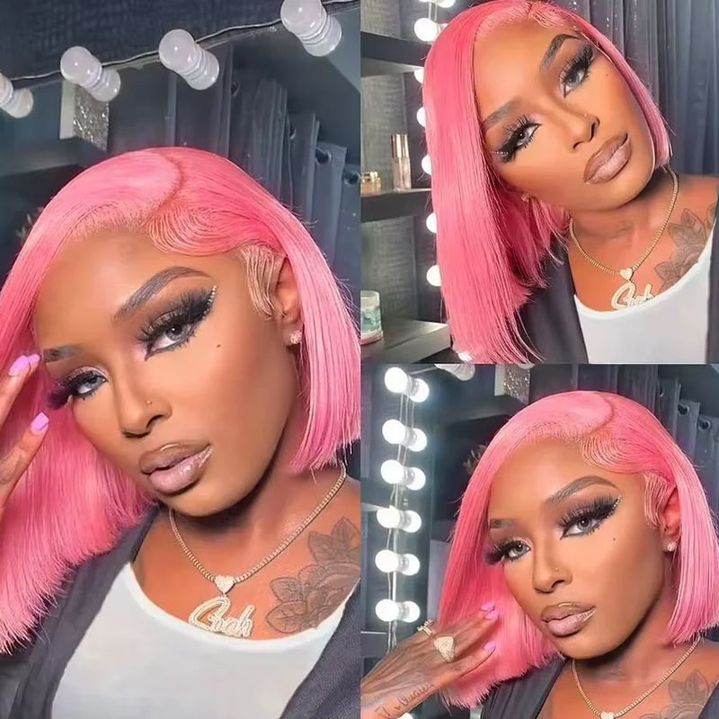 Dark Pink Short Bob Wig Human Hair Straight 13X4 Lace Frontal Wig With Natural Hairline Pre Plucked Short Human Hair Wigs